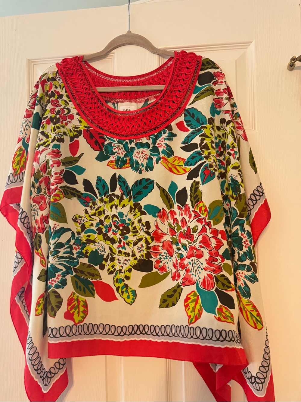 ECI Cream Floral Tunic with Red Crochet Neckline